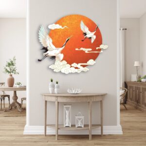 Japanese Crane and Sun Metal Wall Art