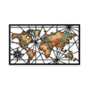 Framed Colorful World Map Metal Wall Art