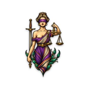 Purple and Gold Lady Justice Metal Wall Art
